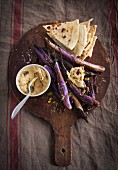 Grilled aubergines with houmous and flat bread