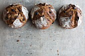 Three loaves of crusty bread made from chestnut flour with raisins and hazelnuts