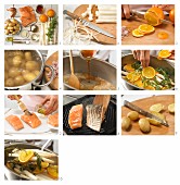 Orangen-Estragon-Spargel mit Lachs und Minikartoffeln zubereiten