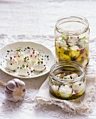 Balls of labneh cheese marinated in olive oil, garlic, thyme and pepper