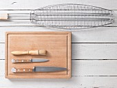 Assorted utensils for grilling fish