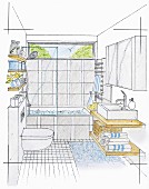 A small bathroom with a bath, shower panel and toilet