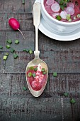 A spoonful of beetroot soup with crème fraîche and spring onions