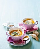 Spicy pumpkin soup with Parmesan chips