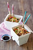Beef teriyaki with noodles in a takeaway box