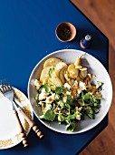 Watercress salad with pear, blue-veined cheese and almonds