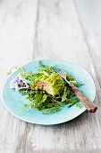 A ball of savoy cabbage stuffed with minced chicken on a bed of wild herb salad