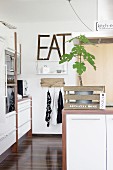 Small green tree in rustic wooden crate with motto on kitchen counter and decorative lettering on wall