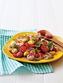 Mixed tomato salad with red onion and basil