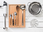Assorted kitchen utensils for preparing soups