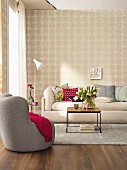 Non-woven wallpaper with a rose design in a cosy and welcoming living room
