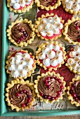 Mini tarts with chocolate cream, cranberries and toasted meringue