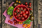 Verschiedene Tomatensorten in Schüssel und auf Geschirrtuch