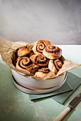 Cinnamon swirls with a pecan nut filling in a wooden box