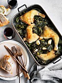 Chicken braised with cavolo nero and wine, Spinach