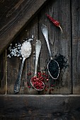 Sea salt, red pepper and black volcanic salt on spoons