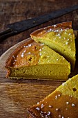Olive oil cake flavoured with orange and cut into slices