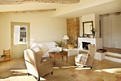 Terracotta floor in Mediterranean living room in natural shades