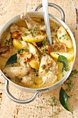 Braised chicken with with leeks, apples and chanterelle mushrooms