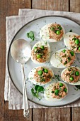 Eggs filled with tuna paste and peas