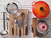 Assorted kitchen utensils for preparing roulades