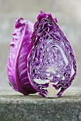 A red pointed cabbage sliced in half