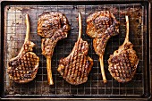 Grilled beef barbecue Veal ribs on dark metal baking sheet background