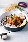 One-pot pasta with aubergine, courgette, garlic and Parmesan