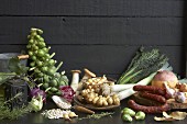An arrangement of winter vegetables and chorizo