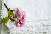 Pink cherry blossom on folded white fabric