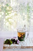 Kräutertee mit Teesieb in Glastasse, daneben frischer violetter Basilikum auf altem Holzhocker vor Fenster