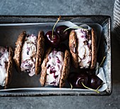 Roasted cherry ice cream sandwiches with salted double chocolate buckwheat cookies (gluten-free)