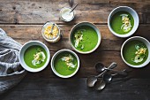 Creamy courgette & basil soup with crème fraîche and sweetcorn