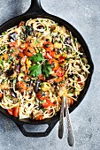 Spaghetti with aubergine and tomato