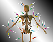 Skeleton with syringes