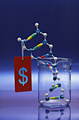 DNA Double Helix in Beaker with Price Tag