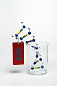 DNA Double Helix in Beaker with Price Tag