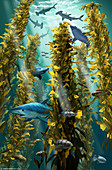 Sharks in a kelp forest