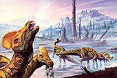 Illustration of three Corythosauruses