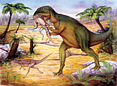 Illustration of Allosaurus hunting