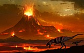 Tyrannosaurs survey a volcanic landscape