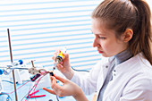 Technician soldering wires in lab