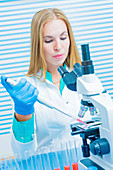 Lab assistant using a microscope
