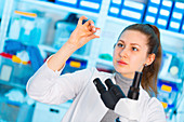 Scientist holding microscope slide