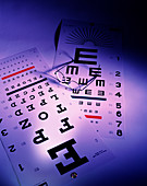 View of a pair of spectacles and eye test charts
