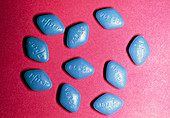 View of blue Viagra pills