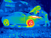 A thermogram of a man working on a car