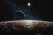 Artwork of the planet Pluto and its moon Charon