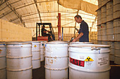 Sorting drums of radioactive nuclear waste