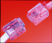 View of two computer ethernet connectors